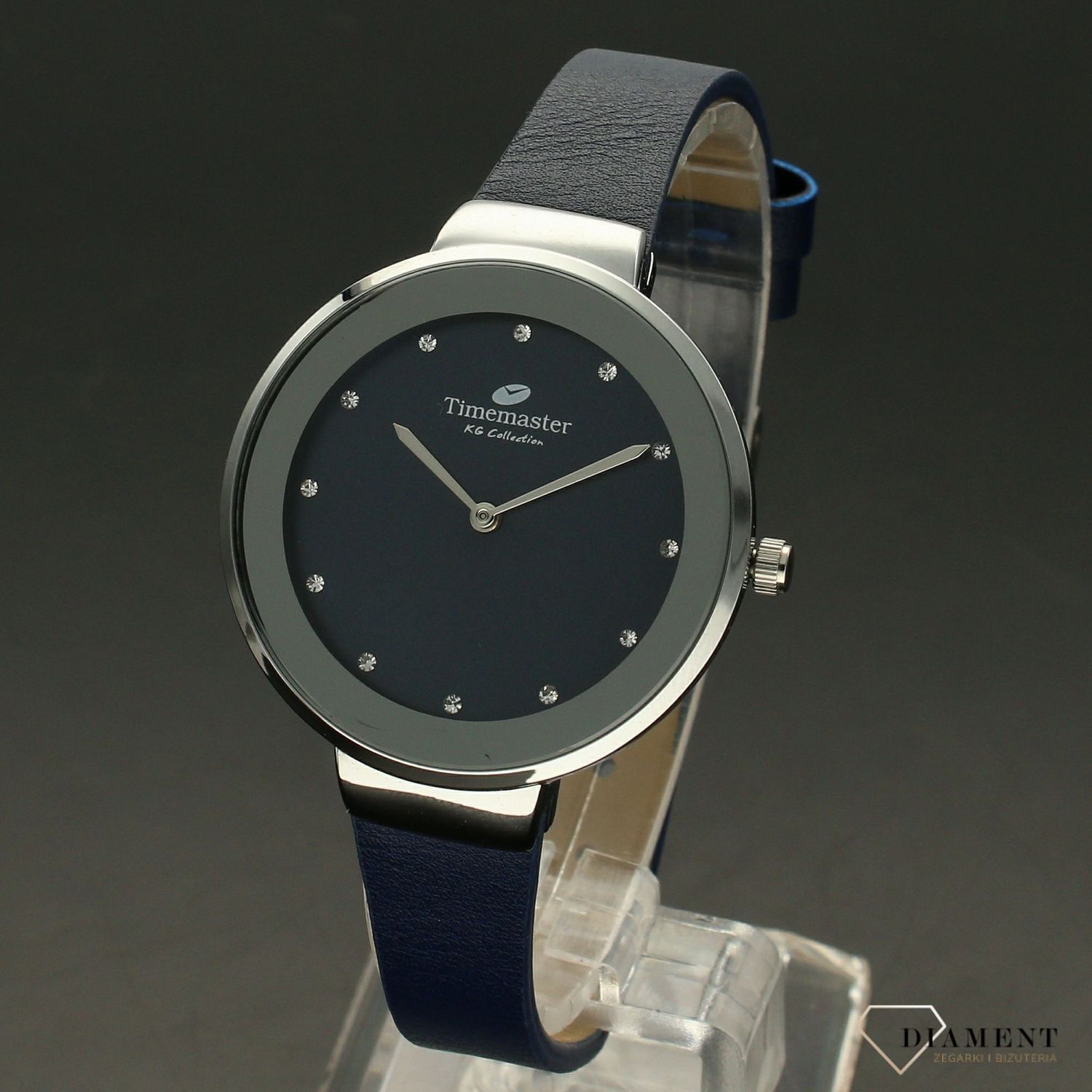 Zegarek damski Timemaster 206-7 niebieski pasek niebieska tarcz. Zegarek damski z niebieską tarczą ozdobiony indeksami w formie błyszczących cyrkonii. Zegarek damski na skórzanym, niebieskim pasku. Elegancki zegarek damski. Św.jpg