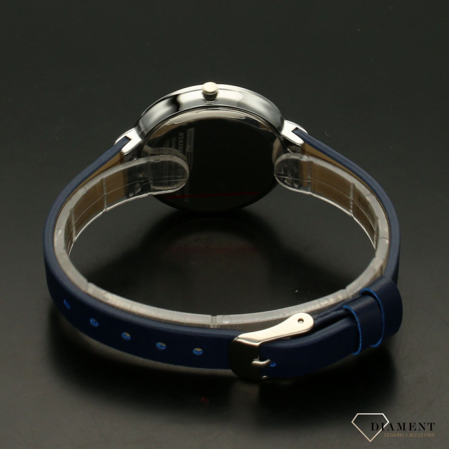 Zegarek damski Timemaster 206-7 niebieski pasek niebieska tarcz. Zegarek damski z niebieską tarczą ozdobiony indeksami w formie błyszczących cyrkonii. Zegarek damski na skórzanym, niebieskim pasku. Elegancki zegarek damski. Św.jpg