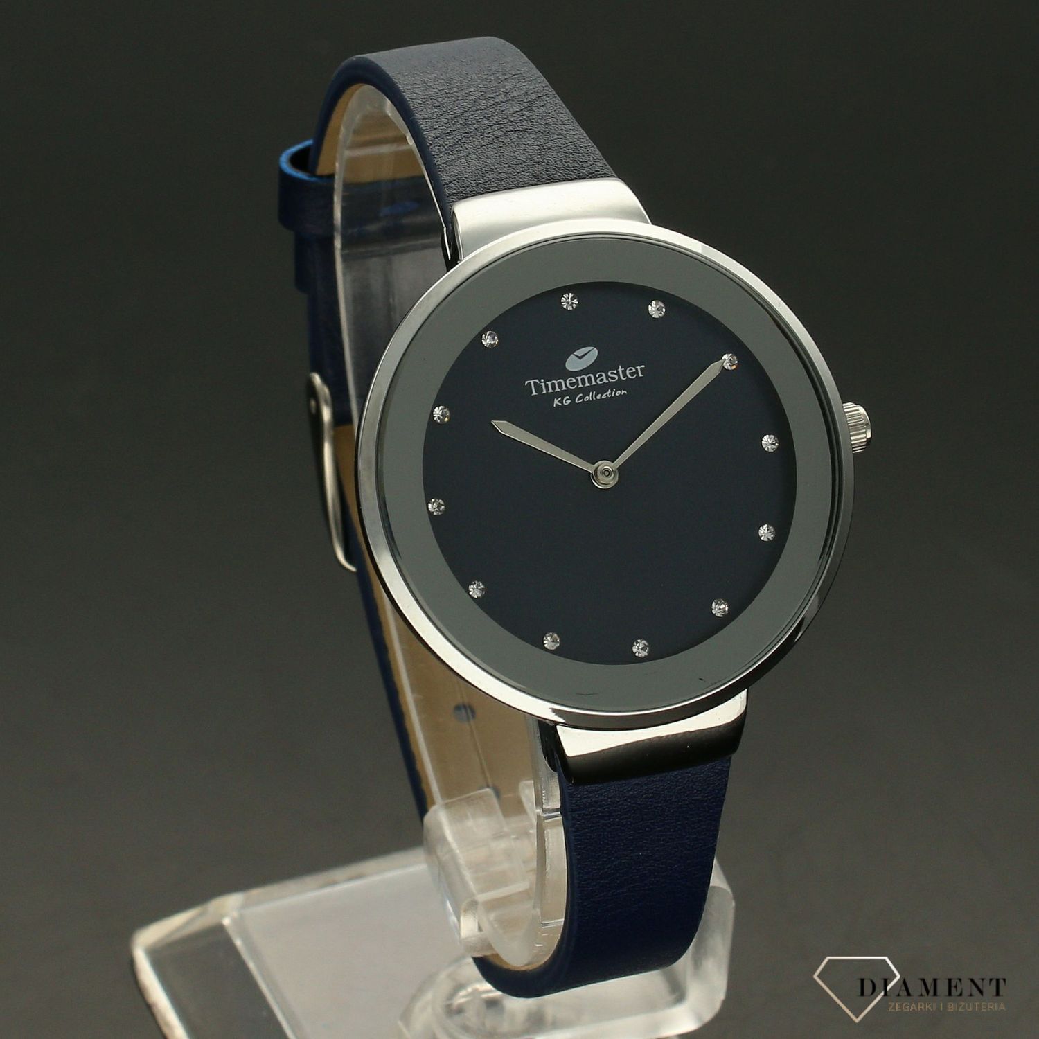Zegarek damski Timemaster 206-7 niebieski pasek niebieska tarcz. Zegarek damski z niebieską tarczą ozdobiony indeksami w formie błyszczących cyrkonii. Zegarek damski na skórzanym, niebieskim pasku. Elegancki zegarek damski. Św.jpg