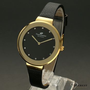 Zegarek damski w kolorze złotym na czarnym paski TIMEMASTER 206-8. Zegarek damski z pozłacaną okrągłą kopertą w kolorze złotym. Zegarek z czarnym skórzanym paskiem. Tarcza w kolorze czarnym z błyszczącymi cyrkoniami. Świetny p (3).jpg