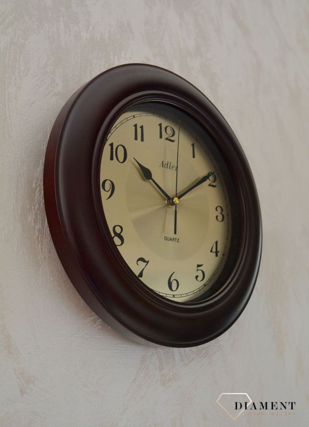 Adler 21147-W2 zegar ścienny drewniany ze złotą tarczą i cyframi arabskimi ✓Zegary ścienne ✓ Drewniany zegar (2).JPG