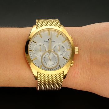 Zegarek męski na złotej bransolecie TIMEMASTER 213-11. Masywny męski zegarek z multidatą na srebrnej tarczy, na tarczy są złote  (3).jpg