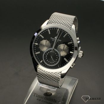 Zegarek męski na srebrnej bransolecie TIMEMASTER 213-7. Masywny męski zegarek z multidatą na czarnej tarczy, na tarczy są srebrne indeksy oraz srebrne wskazówki (1).jpg
