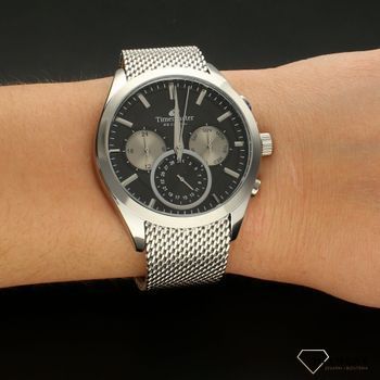 Zegarek męski na srebrnej bransolecie TIMEMASTER 213-7. Masywny męski zegarek z multidatą na czarnej tarczy, na tarczy są srebrne indeksy oraz srebrne wskazówki (2).jpg