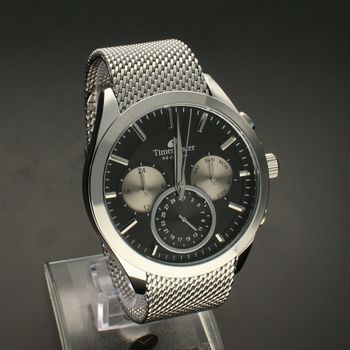 Zegarek męski na srebrnej bransolecie TIMEMASTER 213-7. Masywny męski zegarek z multidatą na czarnej tarczy, na tarczy są srebrne indeksy oraz srebrne wskazówki (3).jpg