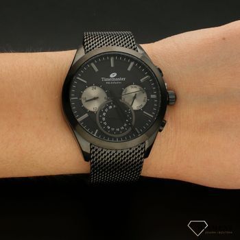 Zegarek męski na czarnej bransolecie TIMEMASTER 213-9. Masywny męski zegarek z multidatą na czarnej tarczy, na tarczy są srebrne (3).jpg