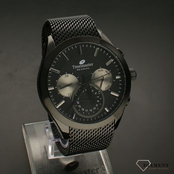 Zegarek męski na czarnej bransolecie TIMEMASTER 213-9. Masywny męski zegarek z multidatą na czarnej tarczy, na tarczy są srebrne (4).jpg
