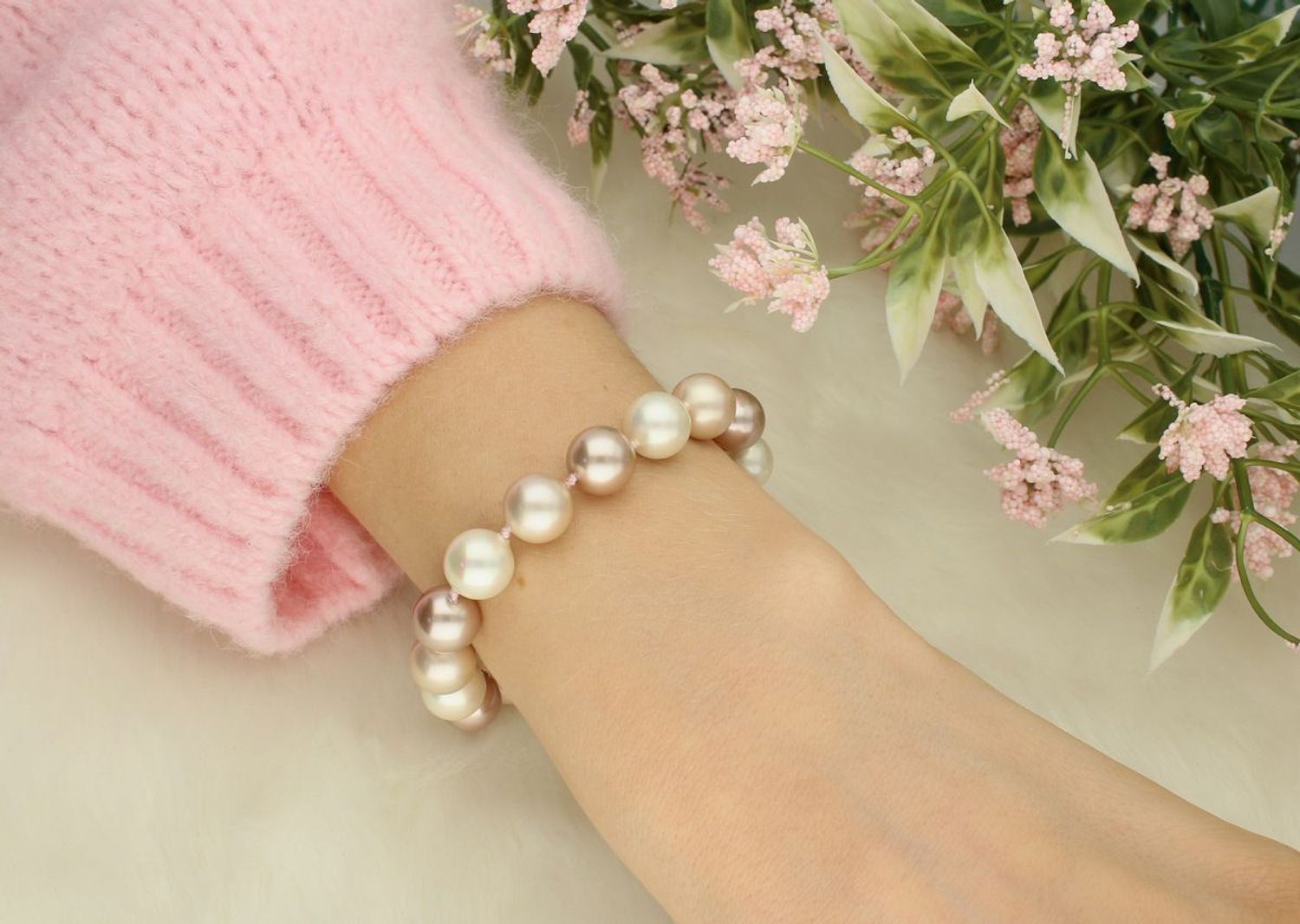 Bransoletka Florenzo Castello z perłopławów 12 mm – beżowe perły, srebro 925 (2).jpg