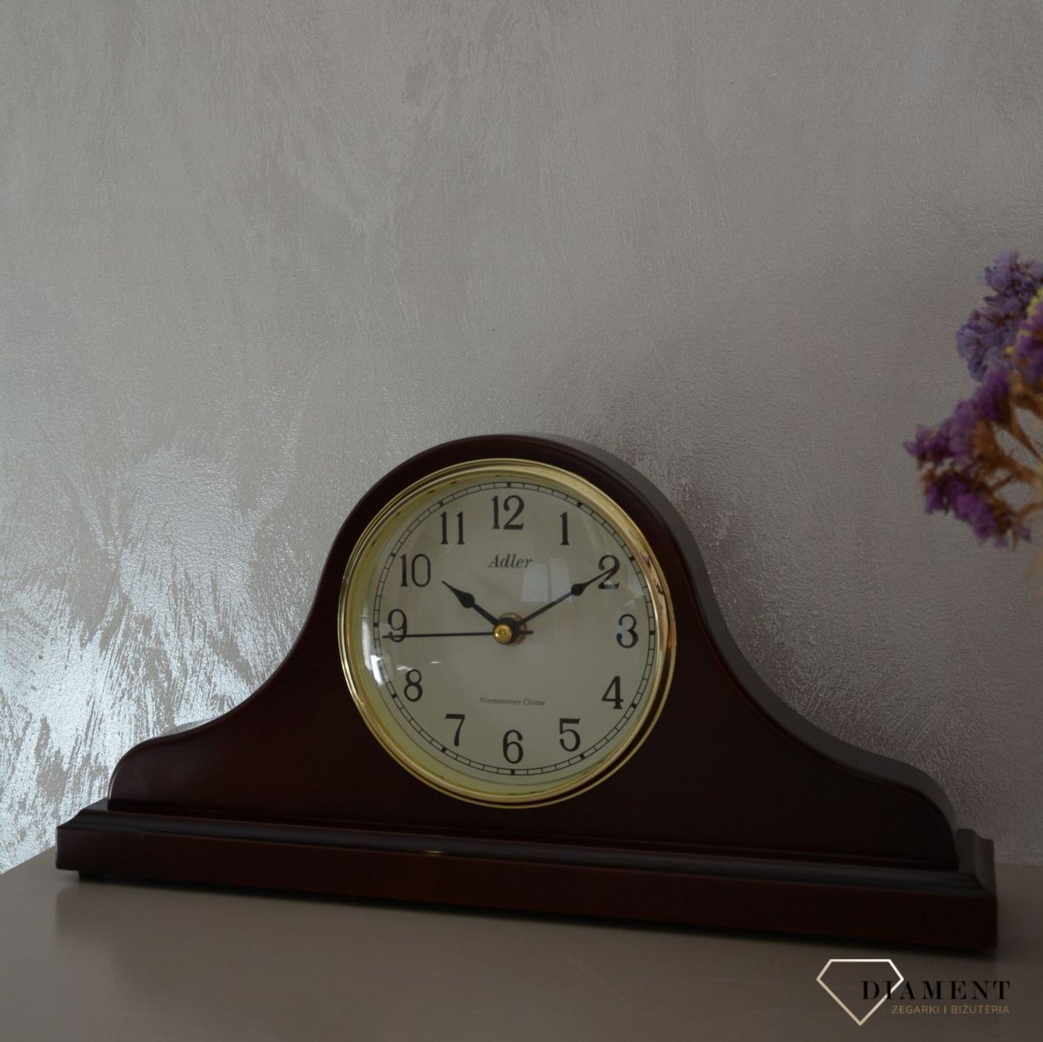 Zegar kominkowy Adler ciemny brąz 22012W ⏰ Zegar kominkowy w kolorze mahoniu z wyraźną tarczą w kolorze beżowym z cyframi arabskimi w kolorze czarnym ⏰ (24).JPG