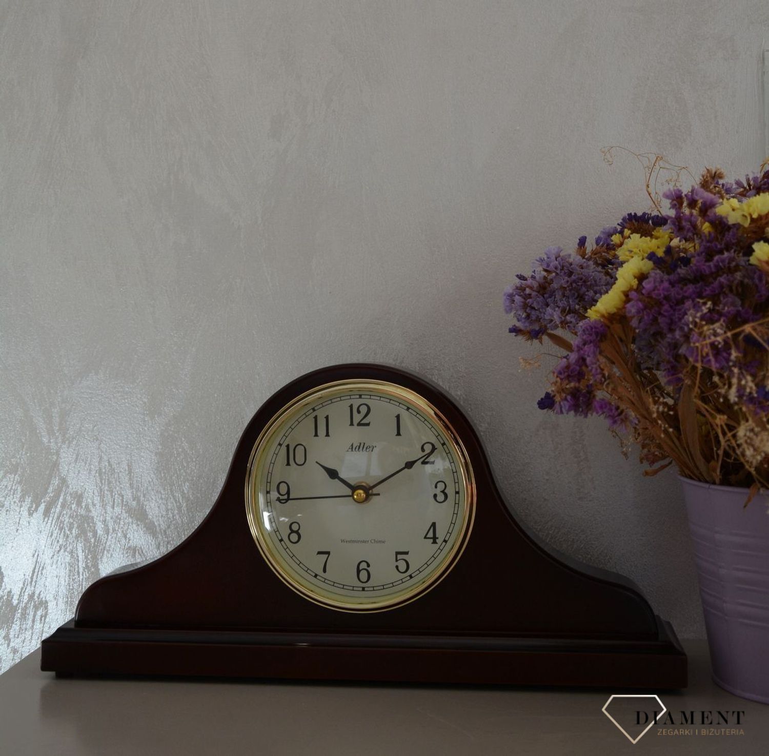 Zegar kominkowy Adler ciemny brąz 22012W ⏰ Zegar kominkowy w kolorze mahoniu z wyraźną tarczą w kolorze beżowym z cyframi arabskimi w kolorze czarnym ⏰ (24).JPG
