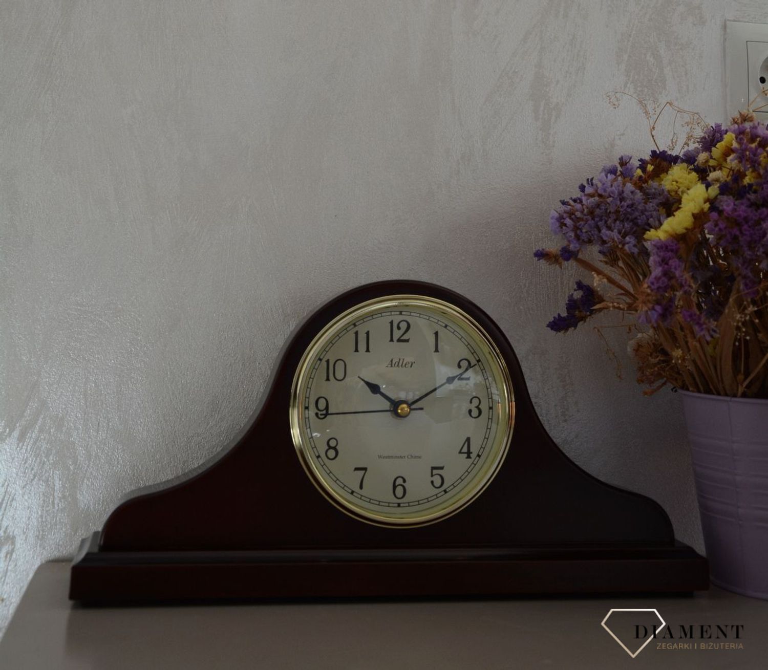 Zegar kominkowy Adler ciemny brąz 22012W ⏰ Zegar kominkowy w kolorze mahoniu z wyraźną tarczą w kolorze beżowym z cyframi arabskimi w kolorze czarnym ⏰ (24).JPG