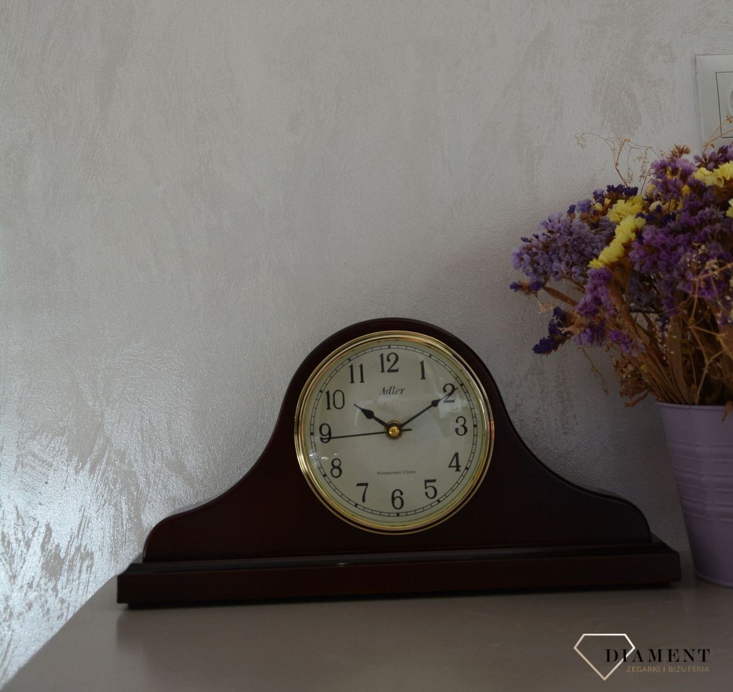 Zegar kominkowy Adler ciemny brąz 22012W ⏰ Zegar kominkowy w kolorze mahoniu z wyraźną tarczą w kolorze beżowym z cyframi arabskimi w kolorze czarnym ⏰ (24).JPG