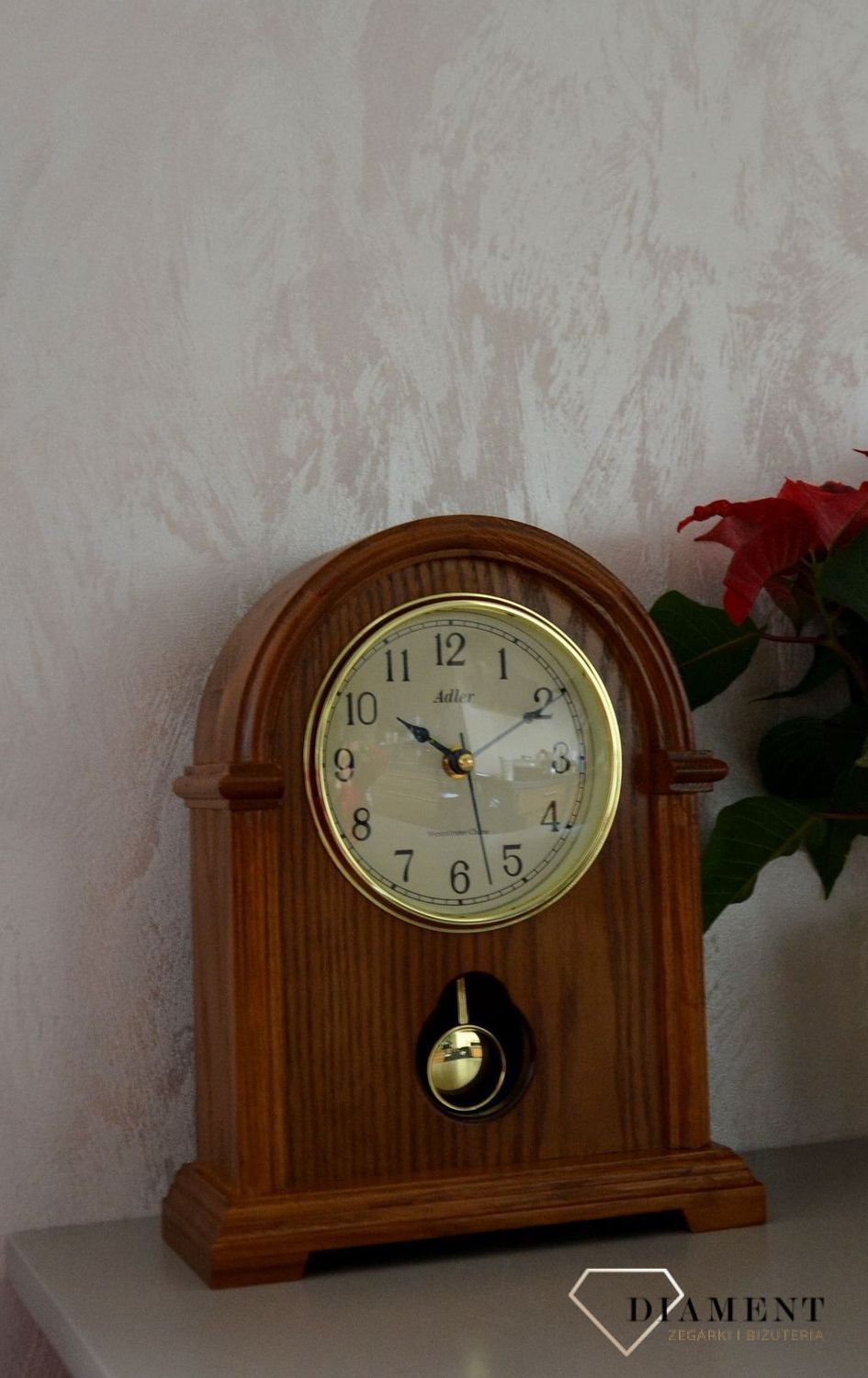 Zegar kominkowy drewniany Adler 22019D. Zegar kominkowy drewniany wykonany z wytrzymałego materiału w kolorze dębu, jasny brąz. zegar na kominek dębowy (1).JPG