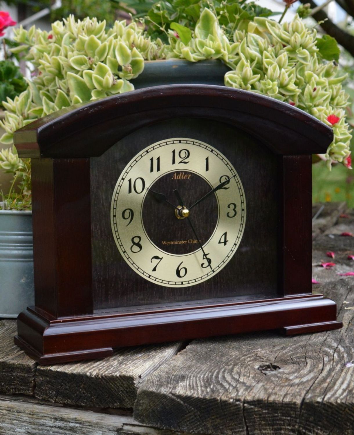 Zegar kominkowy drewniany wenge Adler 22086W. Zegar kominkowy, kolor wenge ze złotą tarczą i cyframi arabskimi  (6).JPG