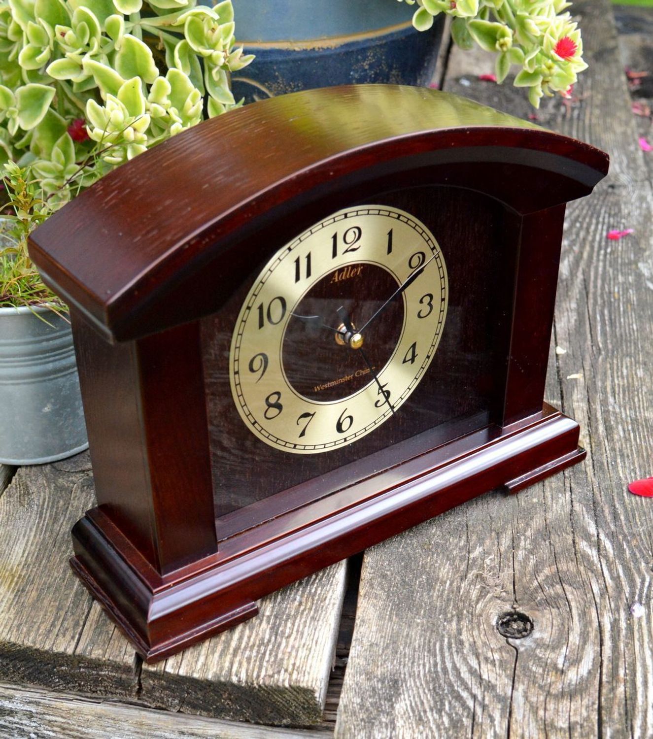 Zegar kominkowy drewniany wenge Adler 22086W. Zegar kominkowy, kolor wenge ze złotą tarczą i cyframi arabskimi  (6).JPG