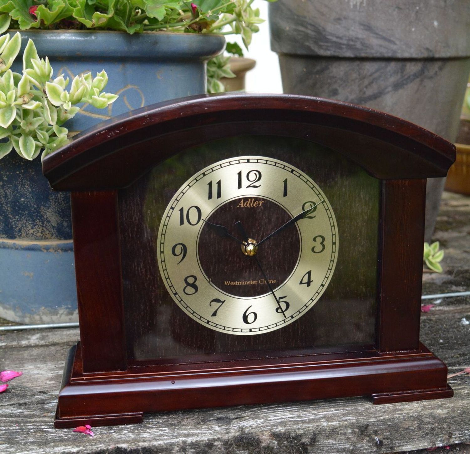 Zegar kominkowy drewniany wenge Adler 22086W. Zegar kominkowy, kolor wenge ze złotą tarczą i cyframi arabskimi  (6).JPG