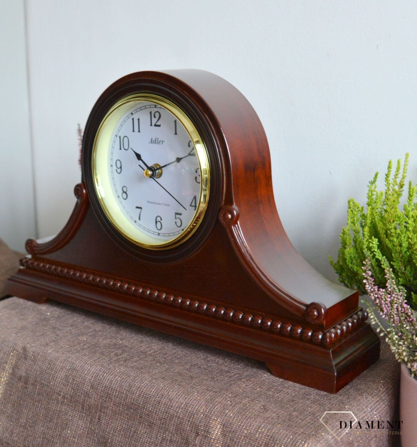Zegar kominkowy drewniany Adler 22130W w kolorze ciemnego brązu z czytelną tarczą i ozdobnym ornamentem ⏰ Zegary kominkowe ✓ zegary drewniane (2).JPG
