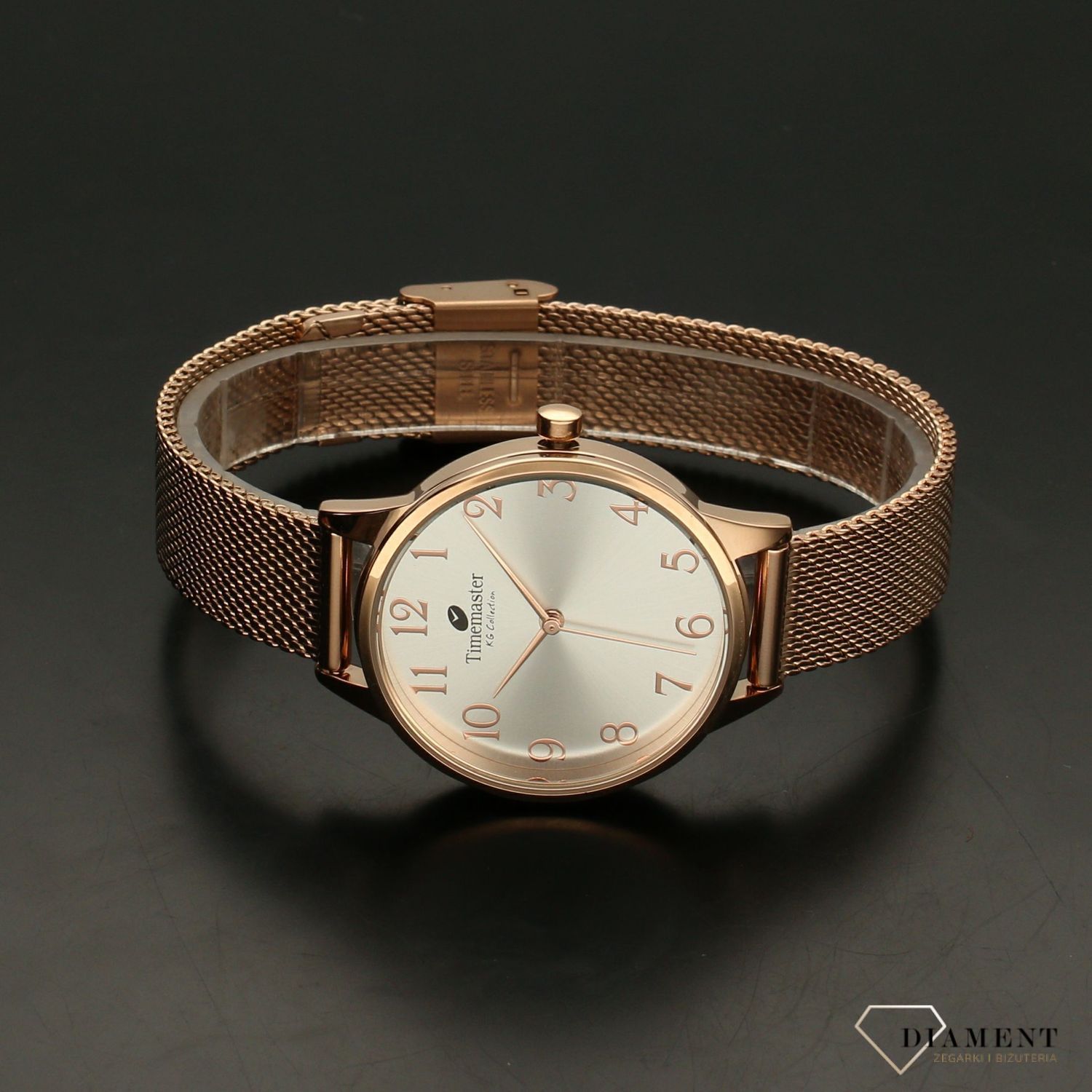 Zegarek damski TIMEMASTER 223-1A różowe złoto. Zegarek damski ze srebrną tarczą i cyframi arabskimi w kolorze różowego złota. Zegarek damski na bransolecie. Elegancki zegarek damski. Świetny pomysł na prezent dla kobiety. Idea.jpg