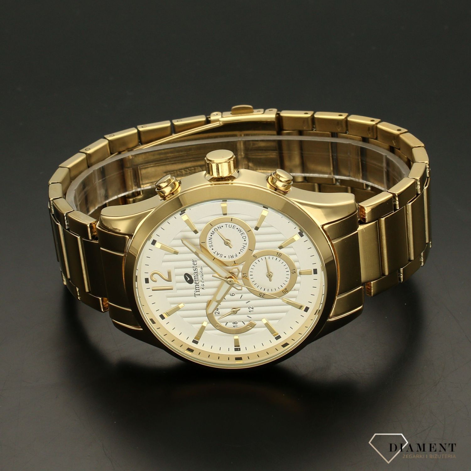 Zegarek męski TIMEMASTER 229-10 złoty. Zegarek męski w złotej kolorystyce z jasną tarczą ozdobioną złotymi dodatkami na tarczy. Zegarek męski w złotej kolorystyce. Elegancki zegarek dla eleganckiego mężczyzny.  (2).jpg