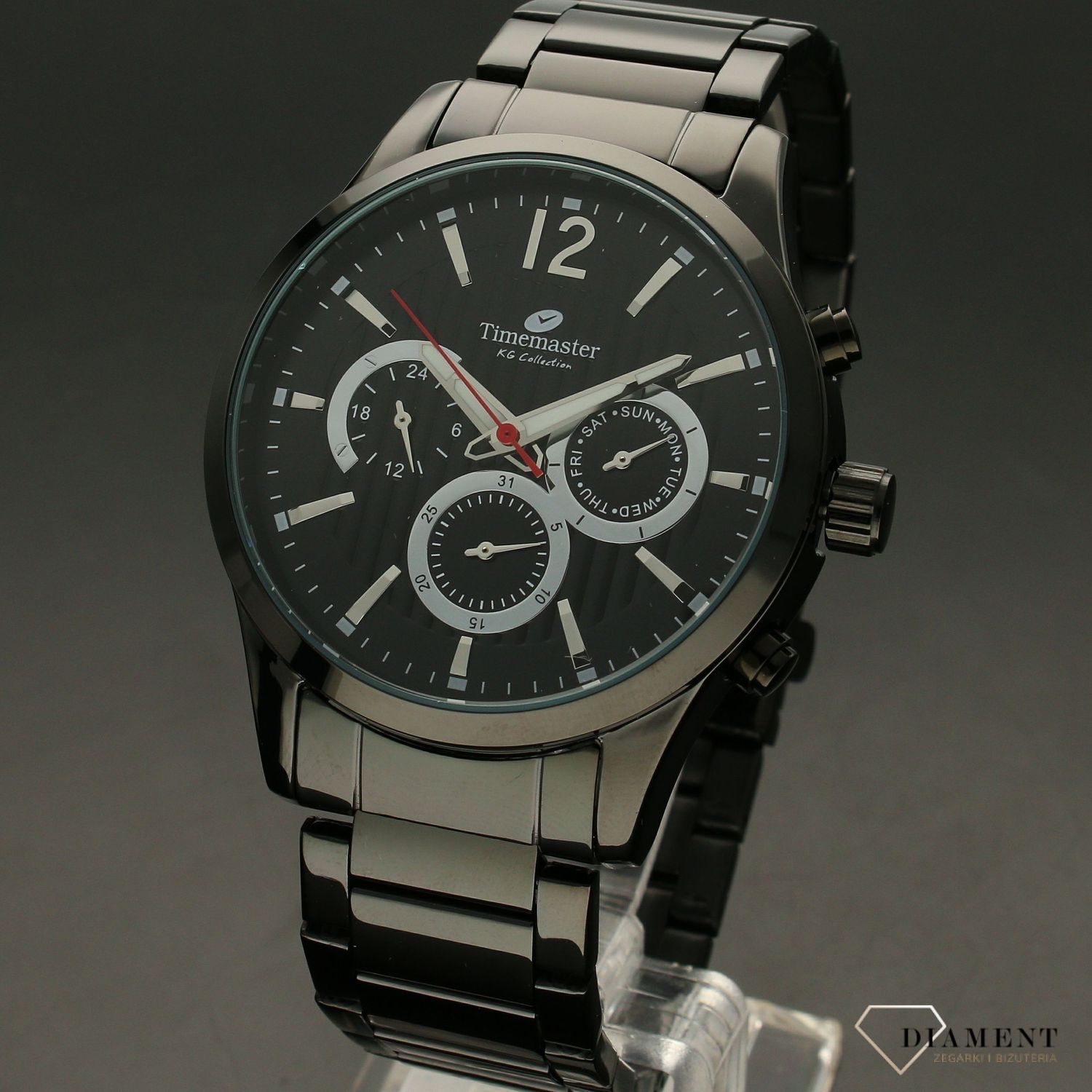 Zegarek męski TIMEMASTER 229-12 czarny. Zegarek męski w ciemnej, czarnej kolorystyce z czarną tarczą ozdobioną srebrnymi dodatkami na tarczy. Zegarek męski w czarnej kolorystyce. Elegancki zegarek dla eleganckiego mężczyzny (2).jpg