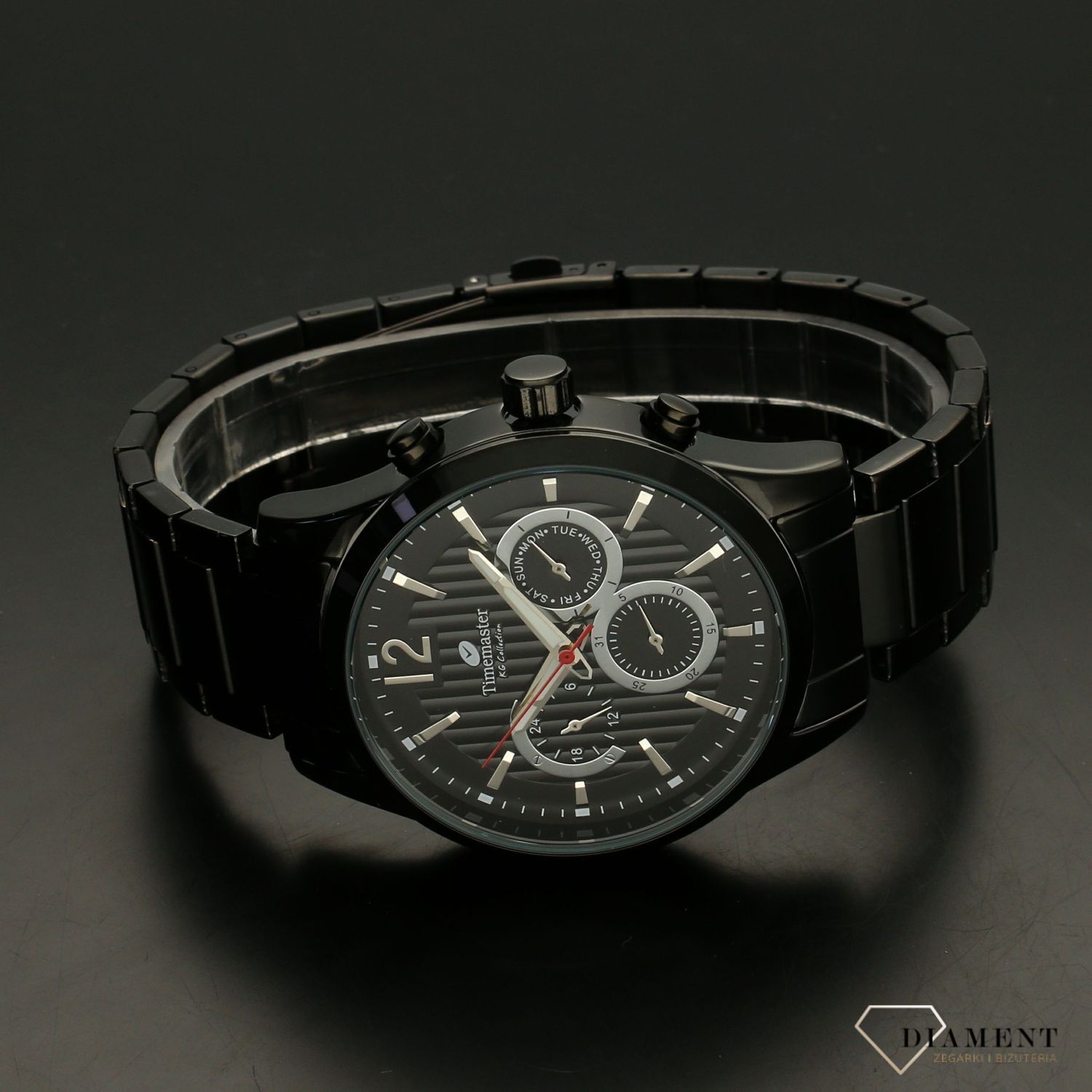 Zegarek męski TIMEMASTER 229-12 czarny. Zegarek męski w ciemnej, czarnej kolorystyce z czarną tarczą ozdobioną srebrnymi dodatkami na tarczy. Zegarek męski w czarnej kolorystyce. Elegancki zegarek dla eleganckiego mężczyzny (2).jpg