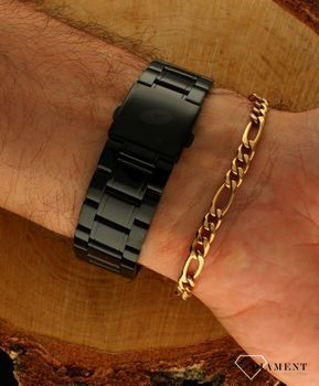 Zegarek męski na złotej bransolecie Timemaster 229-4 z czarną tarczą Zegarek męski w czarnej kolorystyce z ciemną tarczą ozdobioną złotymi dodatkami na tarczy.Masywny, czarny zegarek męski  dla eleganckiego mężczyzny. Zaprasz.jpg