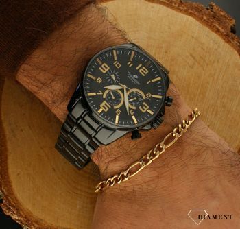 Zegarek męski na złotej bransolecie Timemaster 229-4 z czarną tarczą Zegarek męski w czarnej kolorystyce z ciemną tarczą ozdobioną złotymi dodatkami na tarczy.Masywny, czarny zegarek męski  dla eleganckiego mężczyzny. Zapraszam (1).jpg