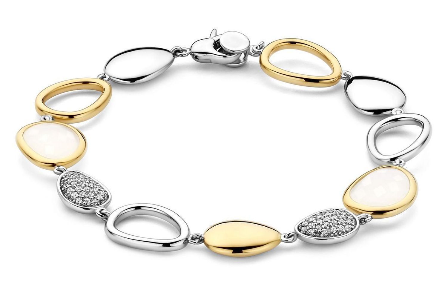 Bransoletka damska TI SENTO – srebro 925, złocona 18K, zdobiona cyrkoniami i mlecznym kamieniem w owalnej oprawie. Elegancka i nowoczesna, idealna do codziennych 1.jpg