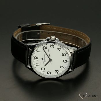 Zegarek męski TIMEMASTER 231-1 klasyczny na pasku. Zegarek męski. Zegarek męski o klasycznym wyglądzie na czarnym skórzanym pasku, sprzączka w kolorze srebrnym. Tarcza zegarka w kolorze białym z czarnymi, czytelnymi cyframi (4).jpg