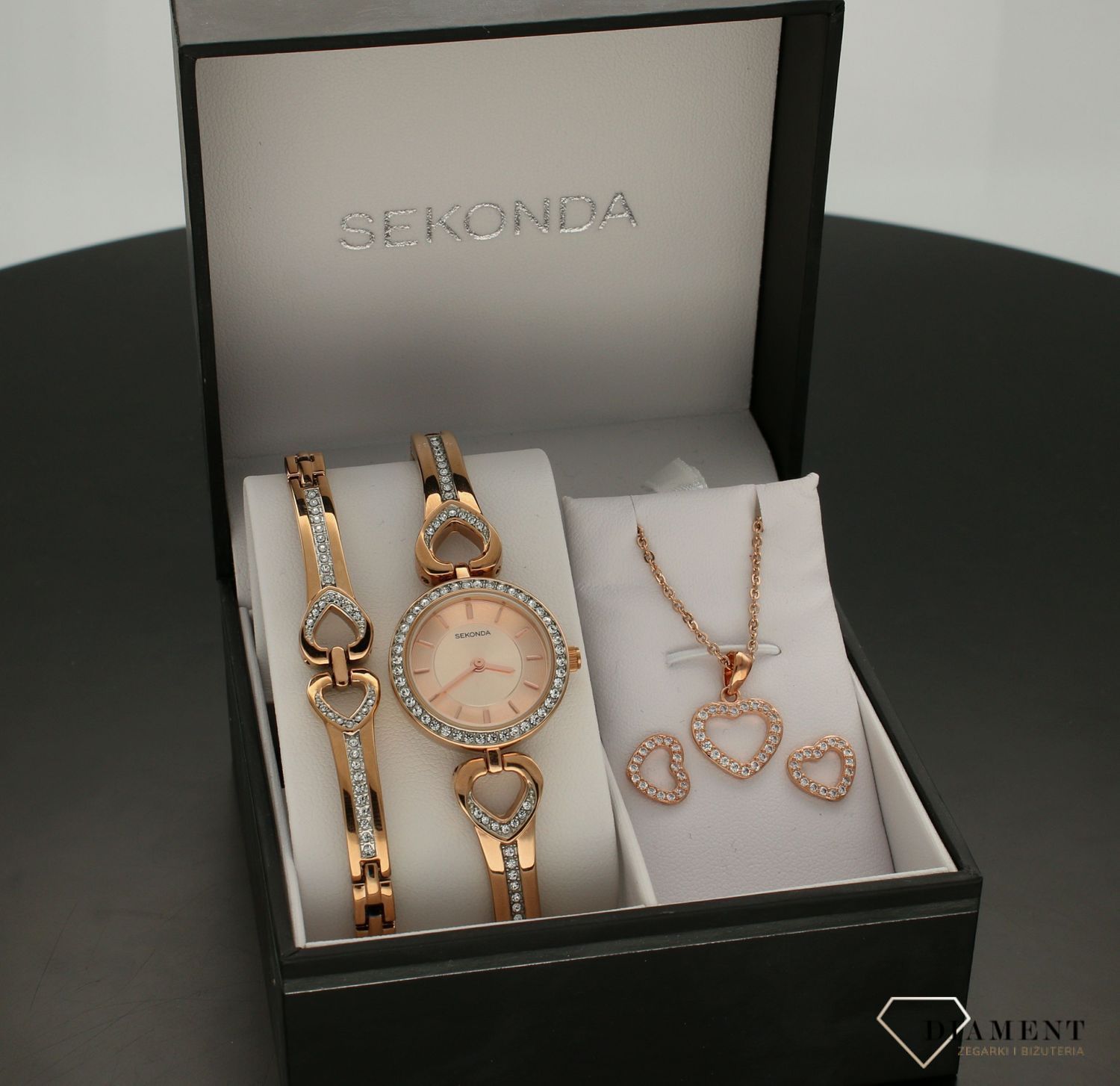 Zestaw prezentowy zegarek z naszyjnikiem, bransoletką i kolczykami Sekonda 'Miłosne serca' 2363G (1).jpg