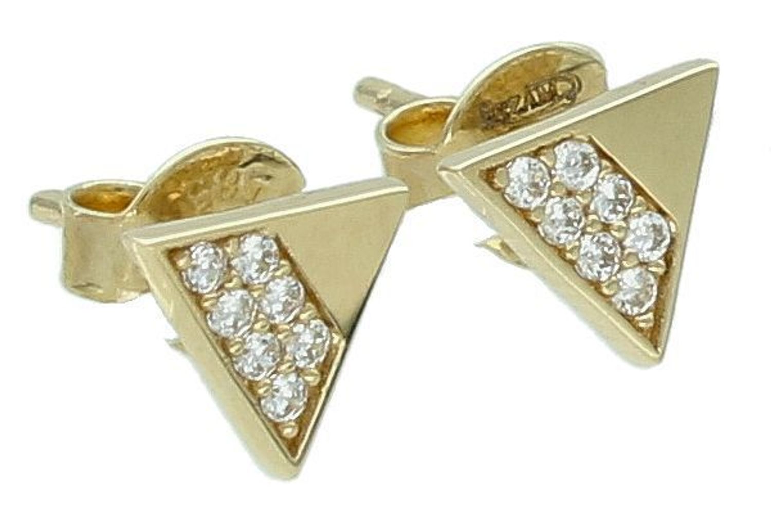 Kolczyki złote trójkąty z cyrkoniami pr 585, 23E1676 Kolczyki mają kształt kształt trójkąta z cyrkoniami. Kolczyki to ponadczasowa biżuteria, która pasuje do każdego rodzaju stylizacji. 1.jpg