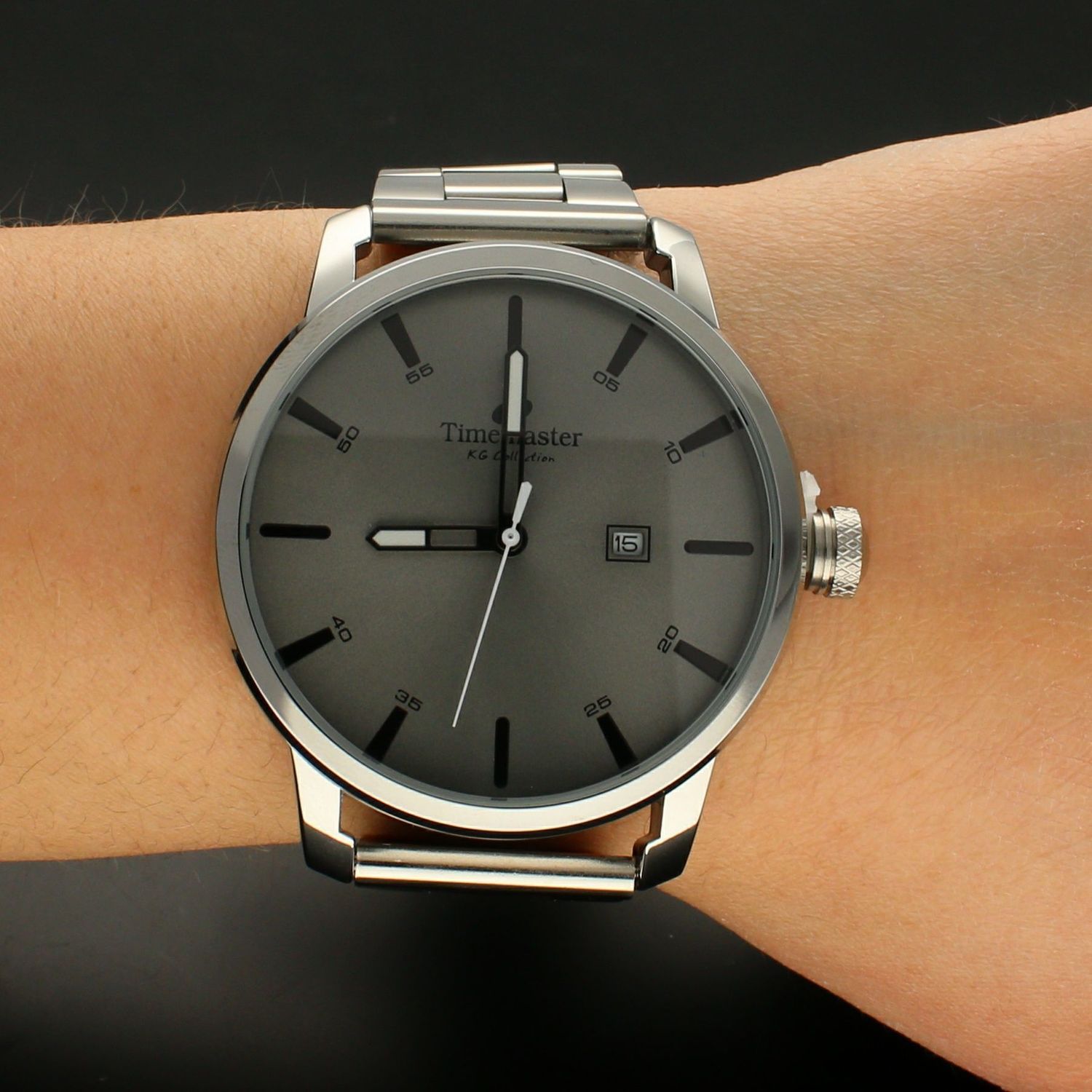 Zegarek męski na srebrnej bransolecie TIMEMASTER 240-2 z datownikiem. Srebrna solidna męska bransoleta z dużą tarczą dodaje char (5).jpg