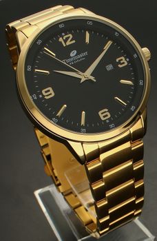 Zegarek męski klasyczny na złotej bransolecie z czytelną tarczą TIMEMASTER 255-05. Zegarek męski. Zegarek męski o klasycznym wyglądzie na złotej bransolecie. Tarcza zegarka w kolorze czarnym ze złotymi, czytelnymi cyframi arabskimi i indeksa.jpg