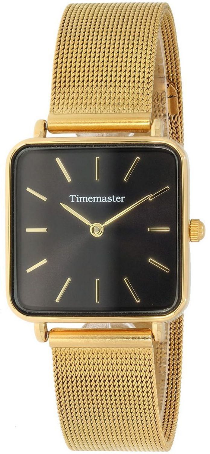 Zegarek TIMEMASTER z kwarcowym mechanizmem, złotą kwadratową kopertą (28 mm) i czarną tarczą. Bransoleta stalowa, wodoszczelność 30M. Elegancki dodatek na co dzień.1.jpg