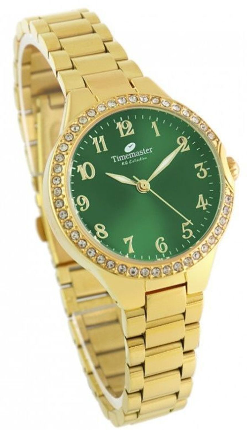 Zegarek damski Timemaster 265-07 na bransolecie – złoty, zielona tarcza, cyrkonie, elegancki zegarek biżuteryjny.jpg