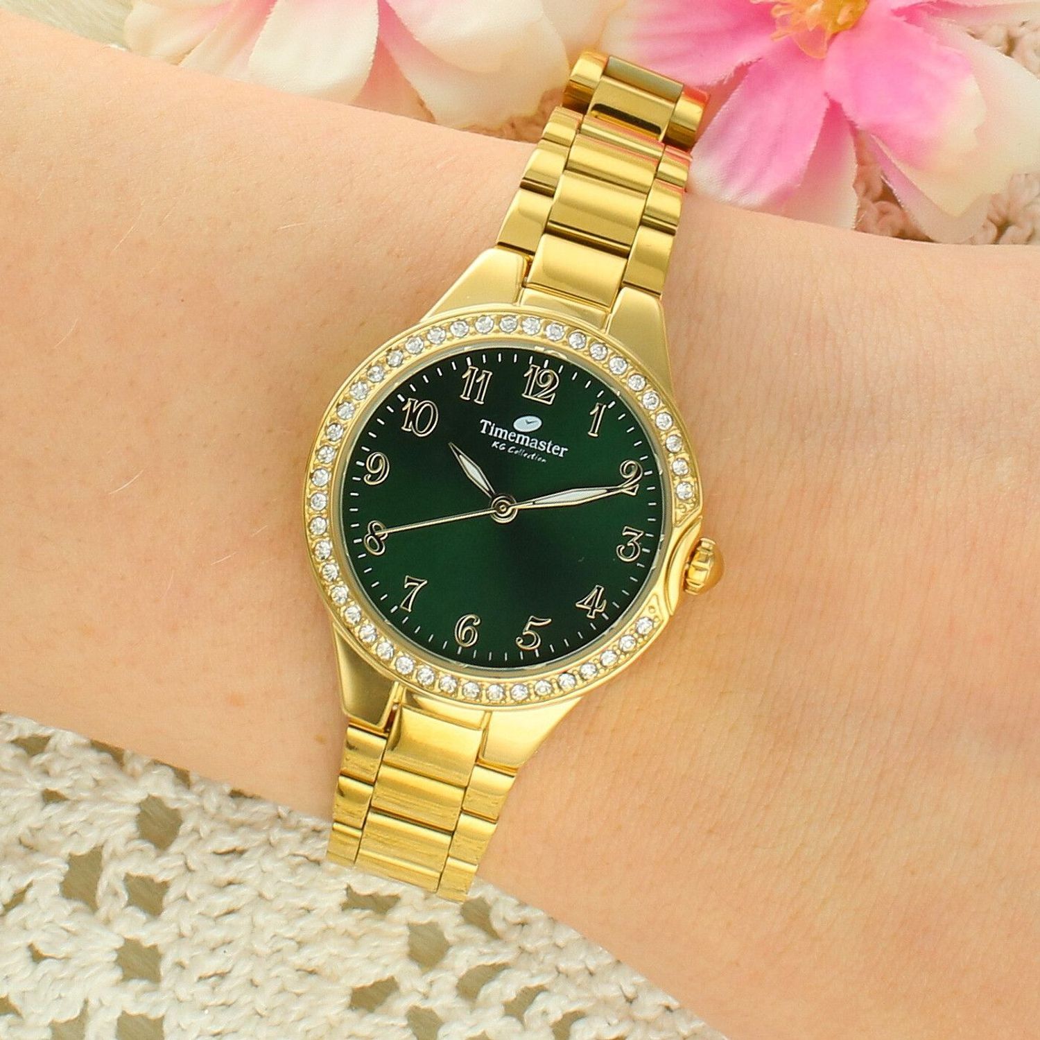 Zegarek damski Timemaster 265-07 na bransolecie – złoty, zielona tarcza, cyrkonie, elegancki zegarek biżuteryjny.jpg