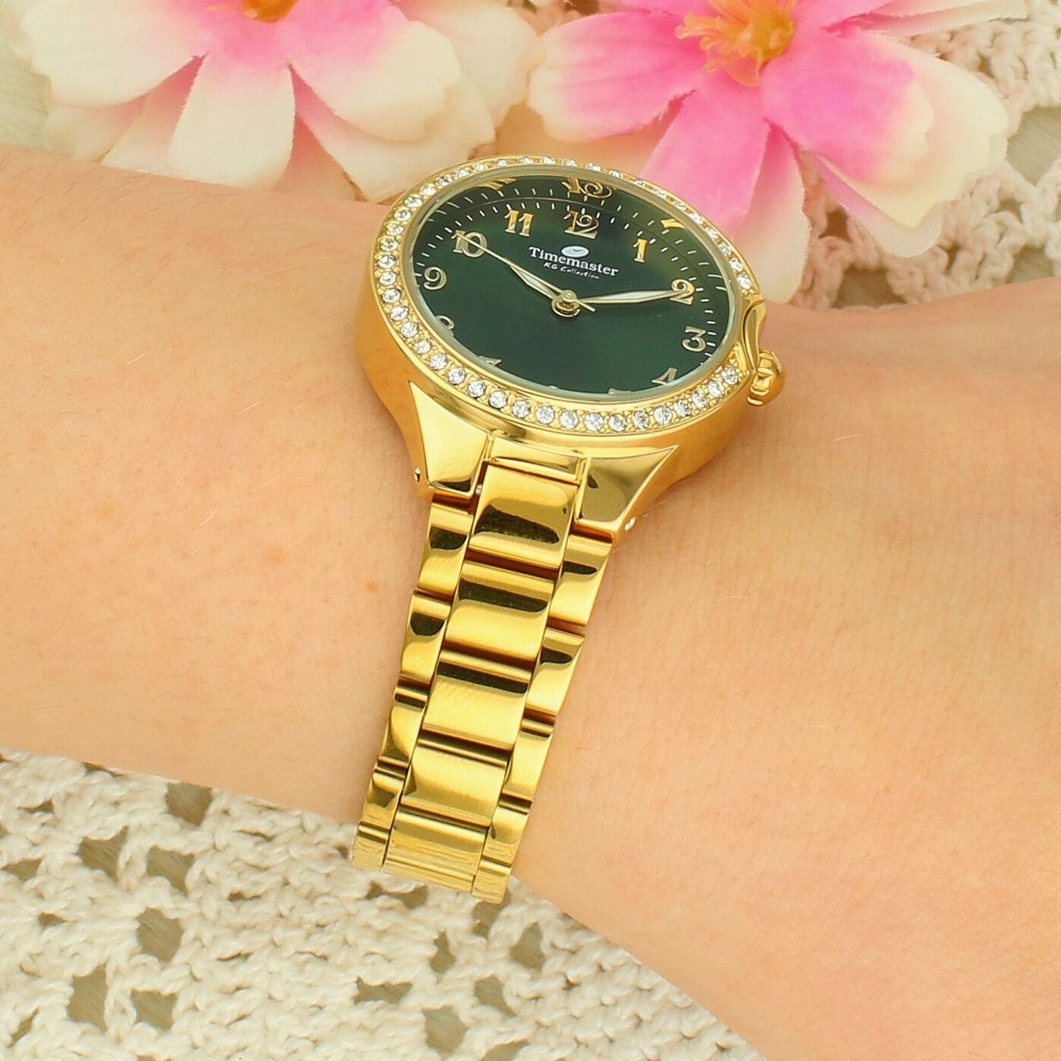 Zegarek damski Timemaster 265-07 na bransolecie – złoty, zielona tarcza, cyrkonie, elegancki zegarek biżuteryjny.jpg
