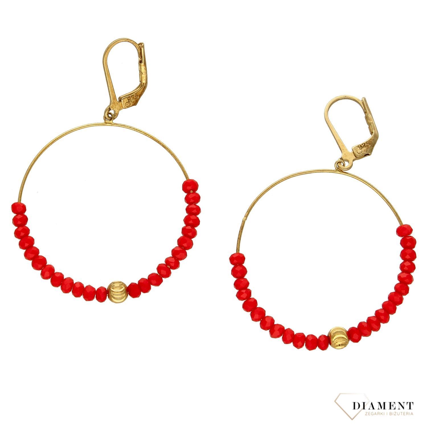 Srebrne kolczyki kółka pozłacane czerwone koraliki 271420670230W.jpg