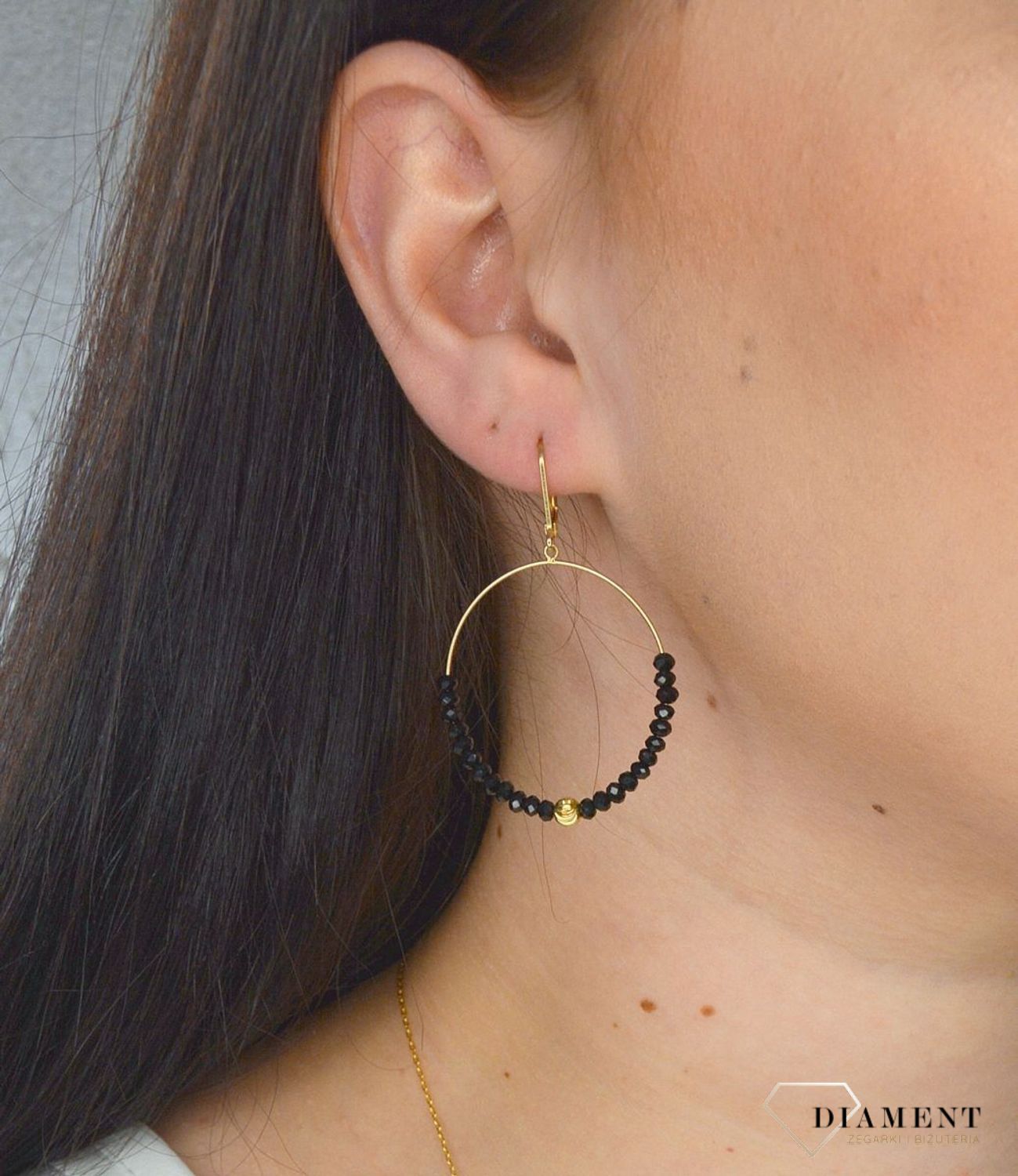 Srebrne kolczyki pozłacane koła czarne koraliki 27142067BLACK0230W.jpg