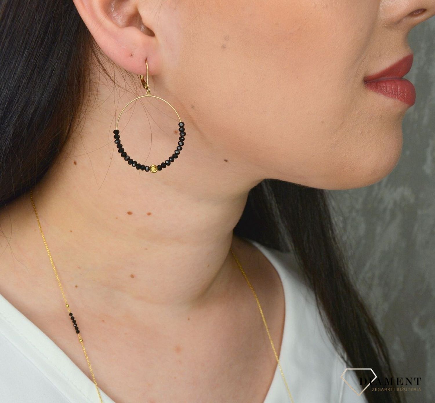 Srebrne kolczyki pozłacane koła czarne koraliki 27142067BLACK0230W.jpg