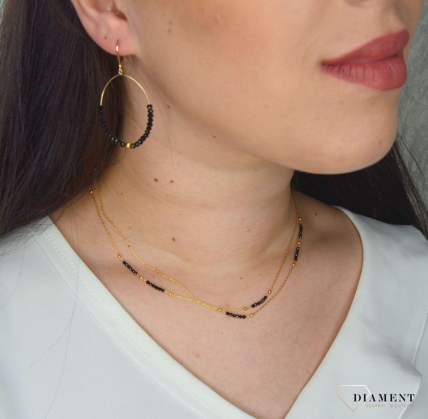 Srebrne kolczyki pozłacane koła czarne koraliki 27142067BLACK0230W.jpg