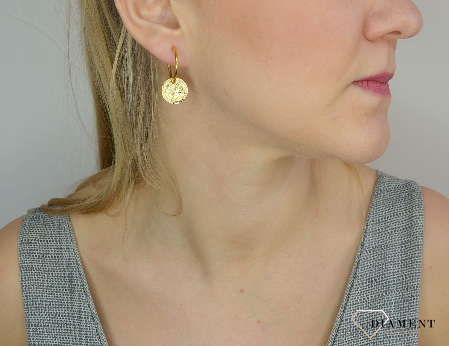 Kolczyki srebrne 925 pozłacane koła z monetką 271932250440.jpg