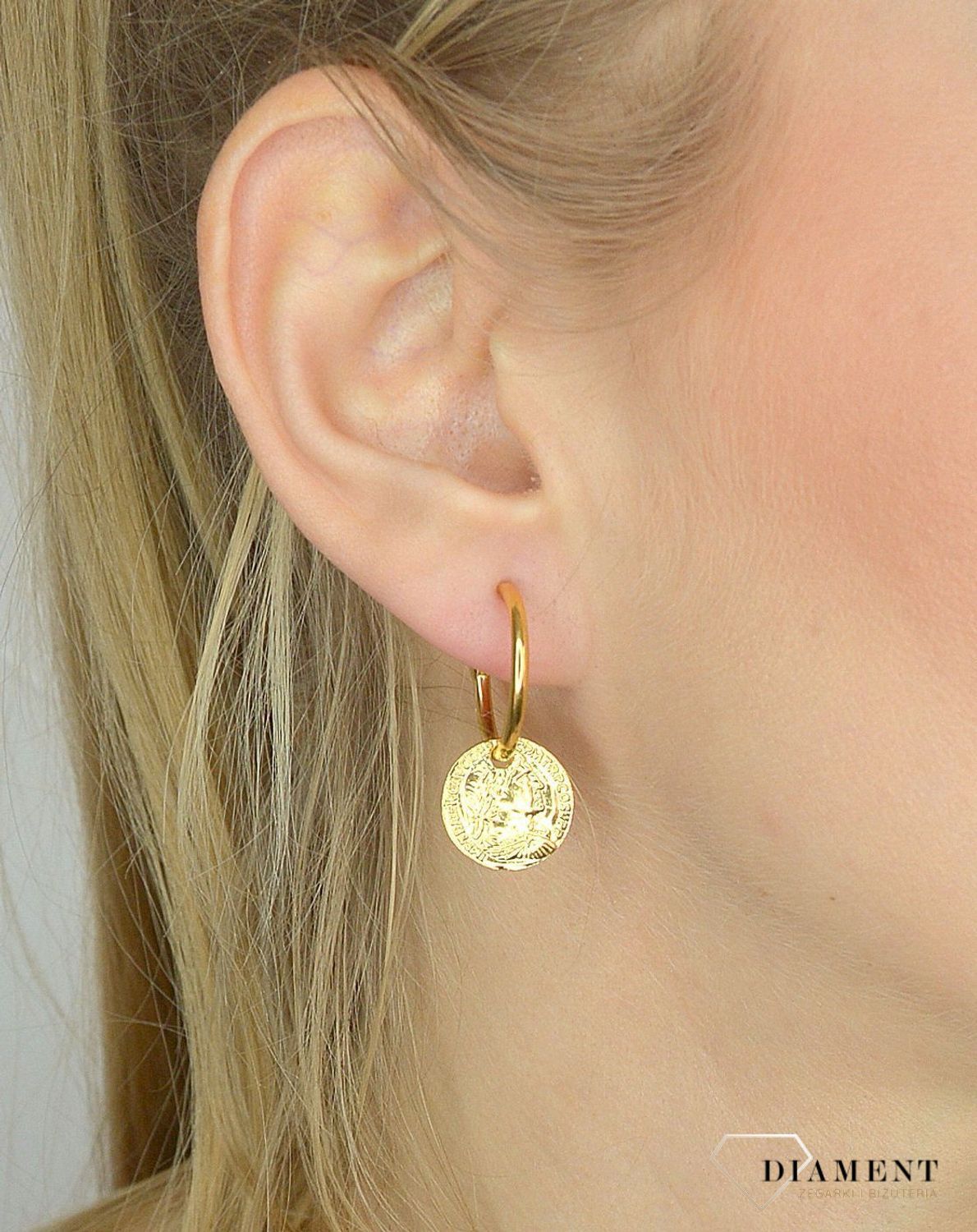 Kolczyki srebrne 925 pozłacane koła z monetką 271932250440.jpg