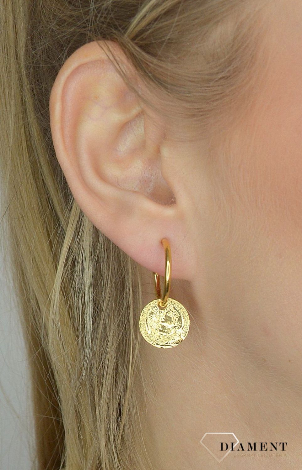 Kolczyki srebrne 925 pozłacane koła z monetką 271932250440.jpg