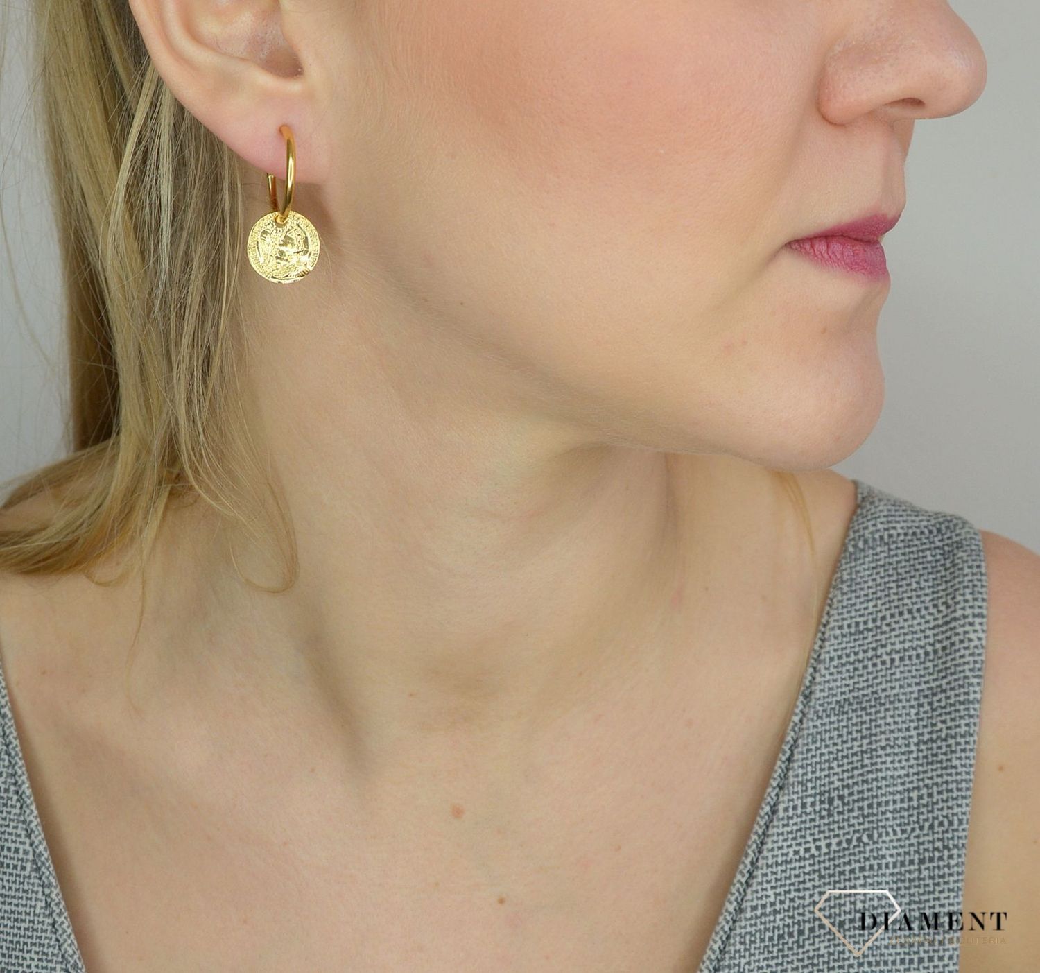 Kolczyki srebrne 925 pozłacane koła z monetką 271932250440.jpg