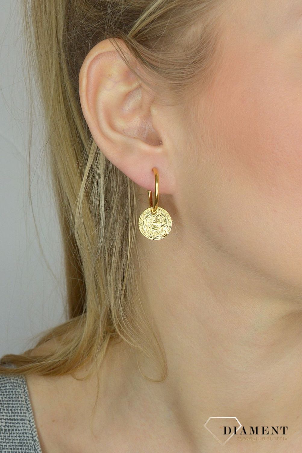 Kolczyki srebrne 925 pozłacane koła z monetką 271932250440.jpg