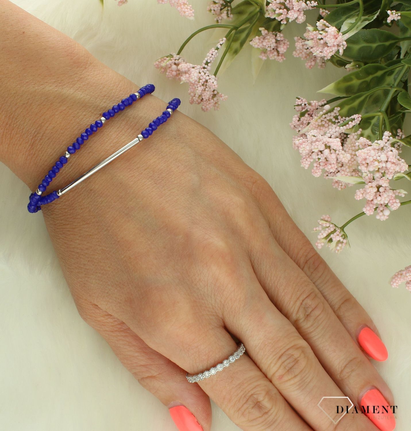 Srebrna bransoletka damska 925 niebieskie koraliki 272420950400. Srebrna bransoletka damska. Bransoletka srebrna z niebieskimi koralikami. Srebrna bransoletka regulowana. Bransoletka na prezent dla kobiety..jpg