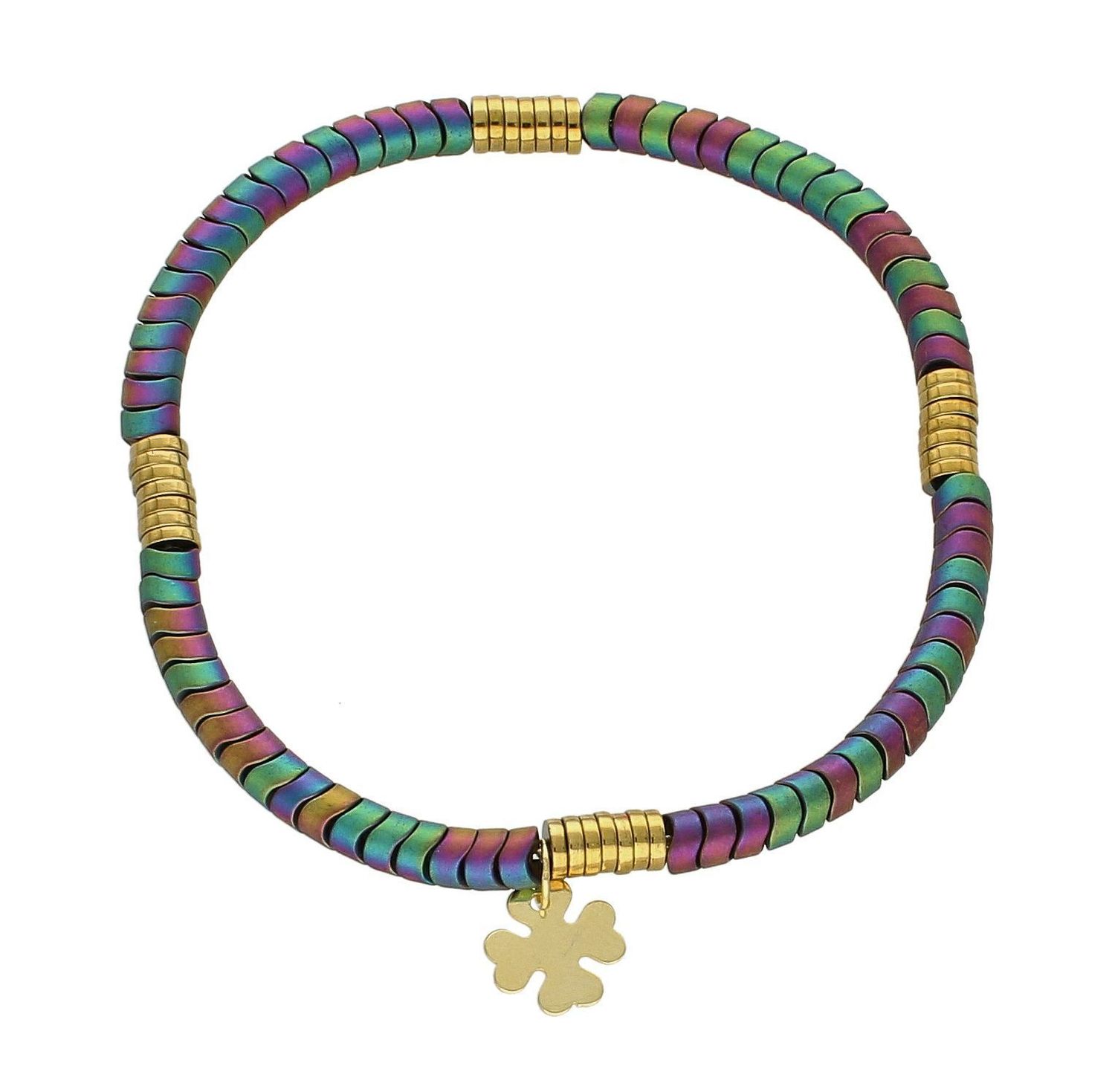 Bransoletka damska srebrna pokryta złotem z hematytem i koniczynką 27243489. Bransoletka damska pokryta złotem. Bransoletka damska z hematytem. Bransoletka damska z koniczynką. Bransoletka srebrna pokryta złotem idealna na p.jpg