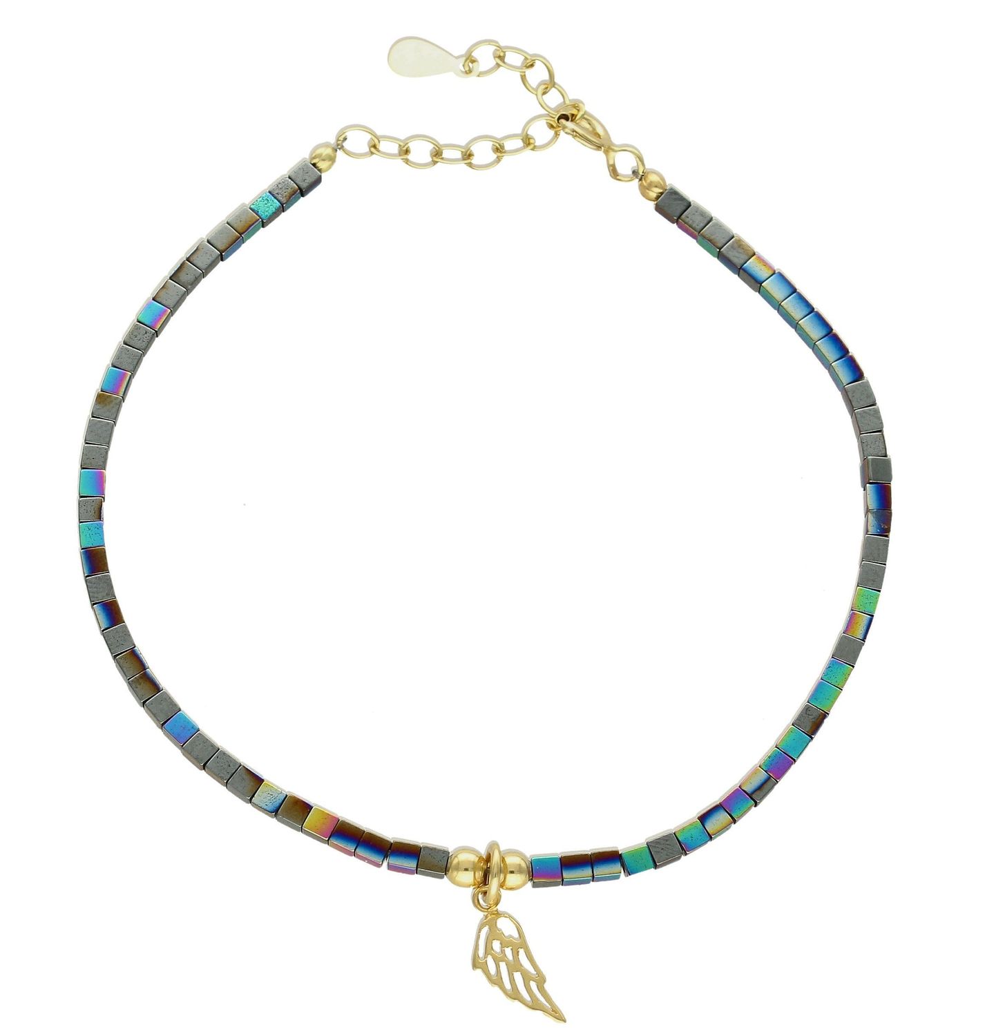 Bransoletka damska srebrna pokryta złotem z hematytem 27243510. Bransoletka damska pokryta złotem. Bransoletka damska z hematytem. Bransoletka damska ze skrzydełkiem. Bransoletka srebrna pokryta złotem idealna na prezent. Bran (1).jpg