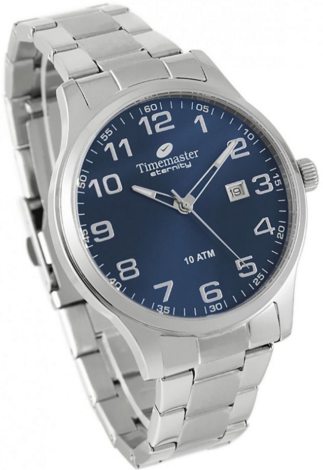 Stylowy zegarek męski TIMEMASTER 27403 z niebieską tarczą, stalową bransoletą i mechanizmem kwarcowym. Wodoszczelność 100M, datownik. Kup online z gwarancją!1.jpg